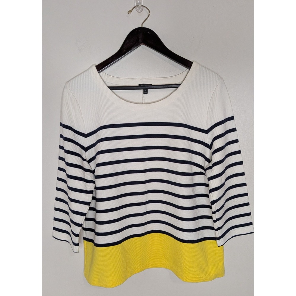 Talbots XL Ivory/Navy Striped Yellow Colorblock Sweater Preppy Coastal Nautical